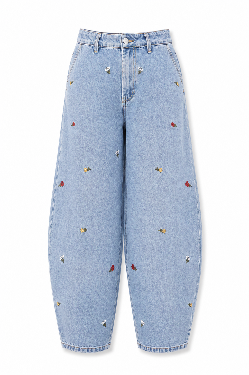 Mavi Nakışlı Kısa Paça Denim Pantolon