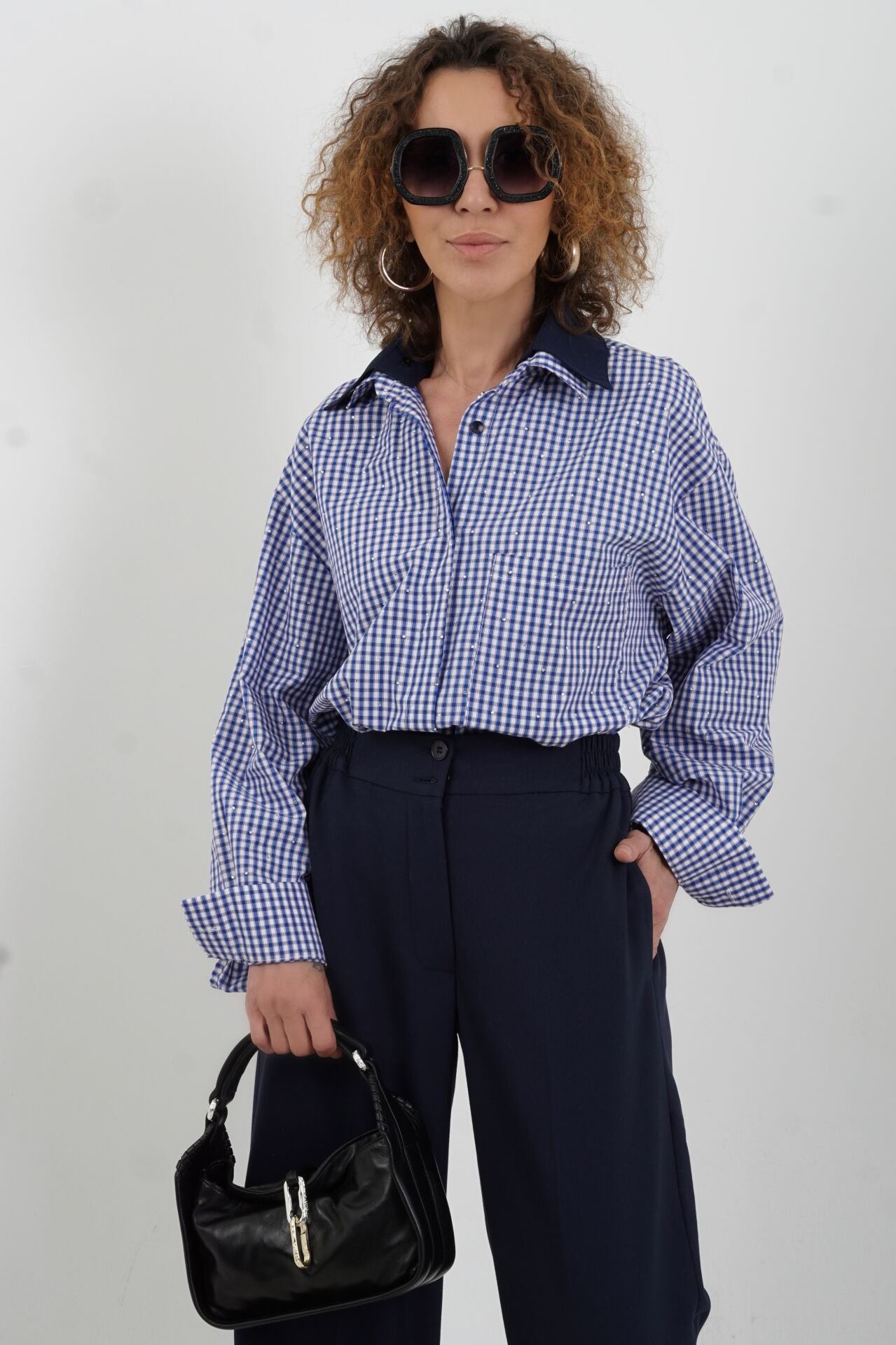 Lacivert Çift Yaka Taşlı Pötikare Gömlek