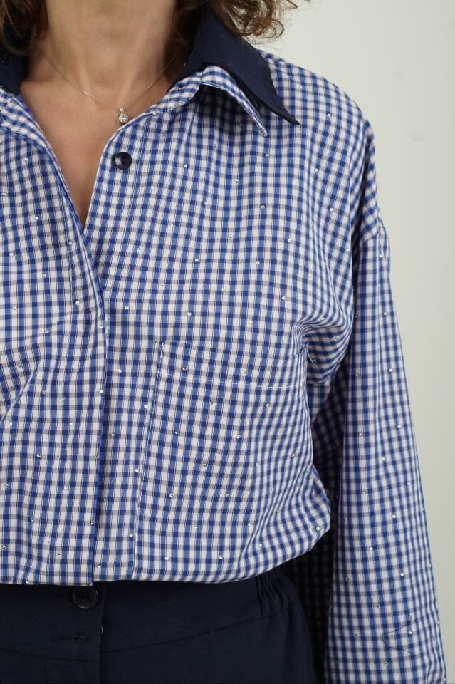 Lacivert Çift Yaka Taşlı Pötikare Gömlek