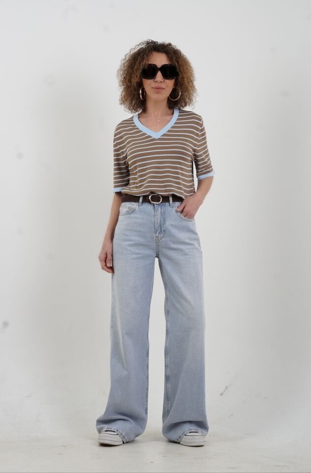 Mavi Kemerli Wideleg Denim Pantolon