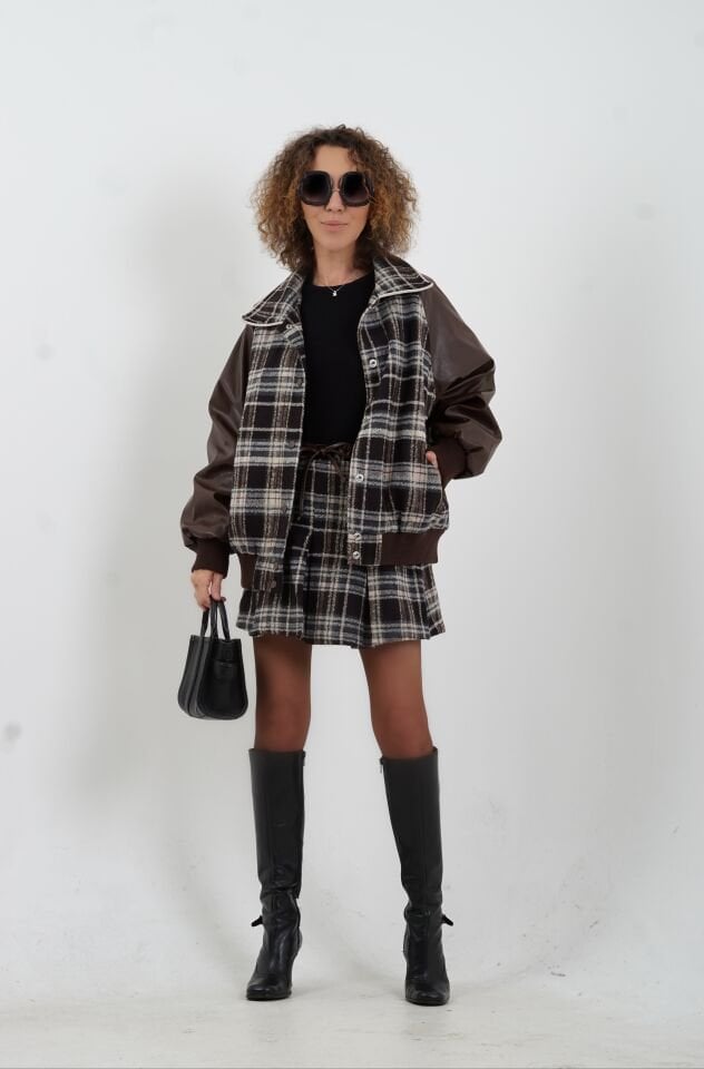 Kahve Deri Garnili Ekose Oversize Bomber Ceket