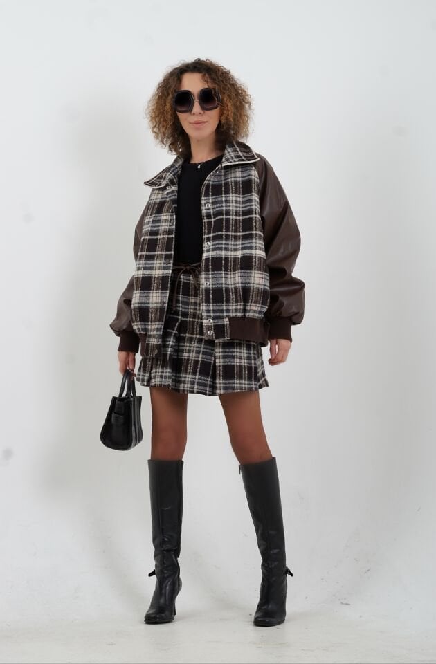 Kahve Deri Garnili Ekose Oversize Bomber Ceket