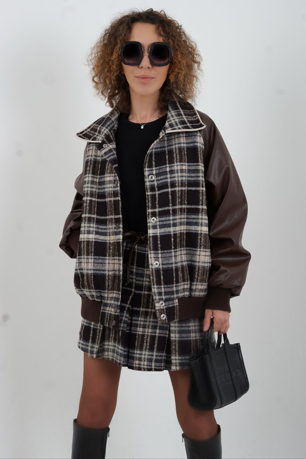 Kahve Deri Garnili Ekose Oversize Bomber Ceket