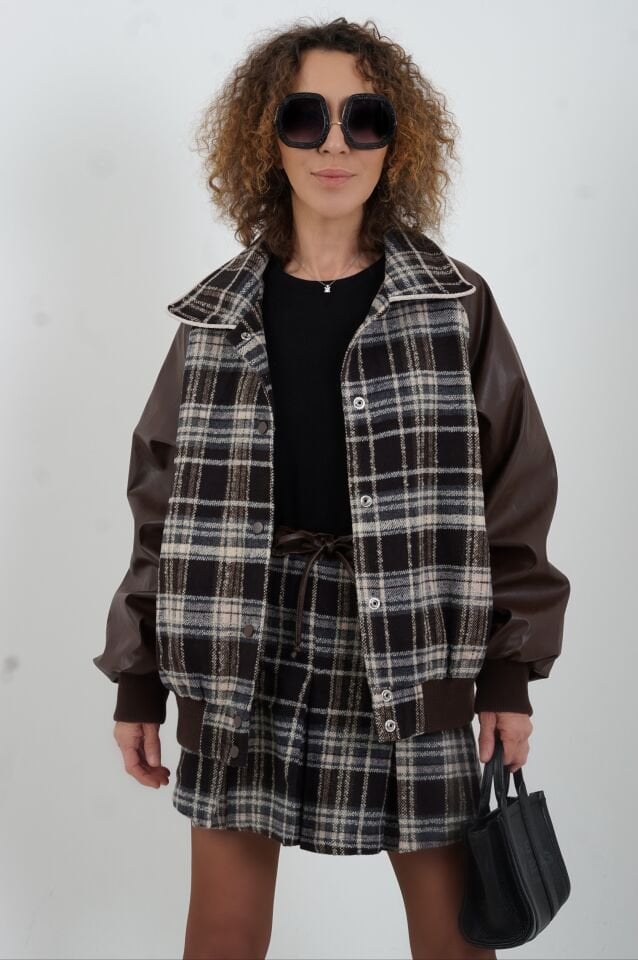 Kahve Deri Garnili Ekose Oversize Bomber Ceket