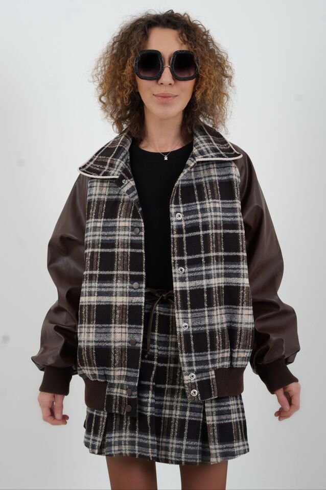 Kahve Deri Garnili Ekose Oversize Bomber Ceket