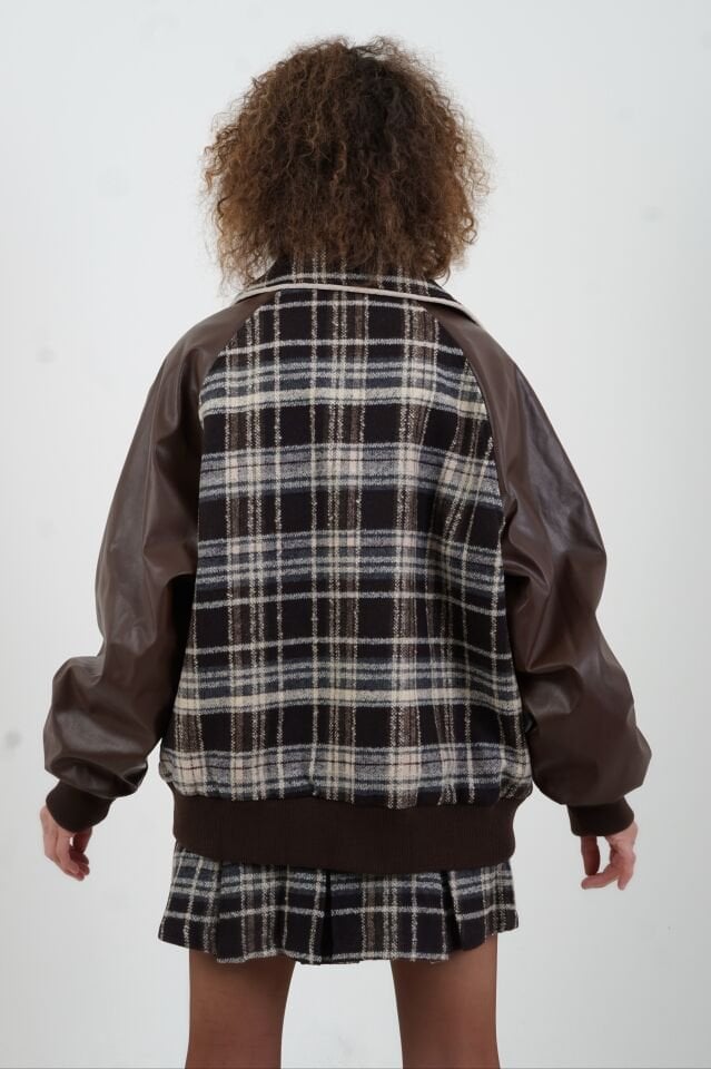 Kahve Deri Garnili Ekose Oversize Bomber Ceket