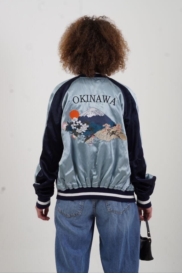 Mavi Pembe Okinawa Nakışlı Çift Taraflı Bomber Ceket