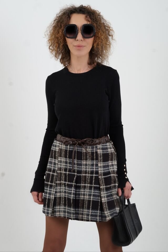 Kahve Deri Garnili Pileli Ekoseli Mini Etek