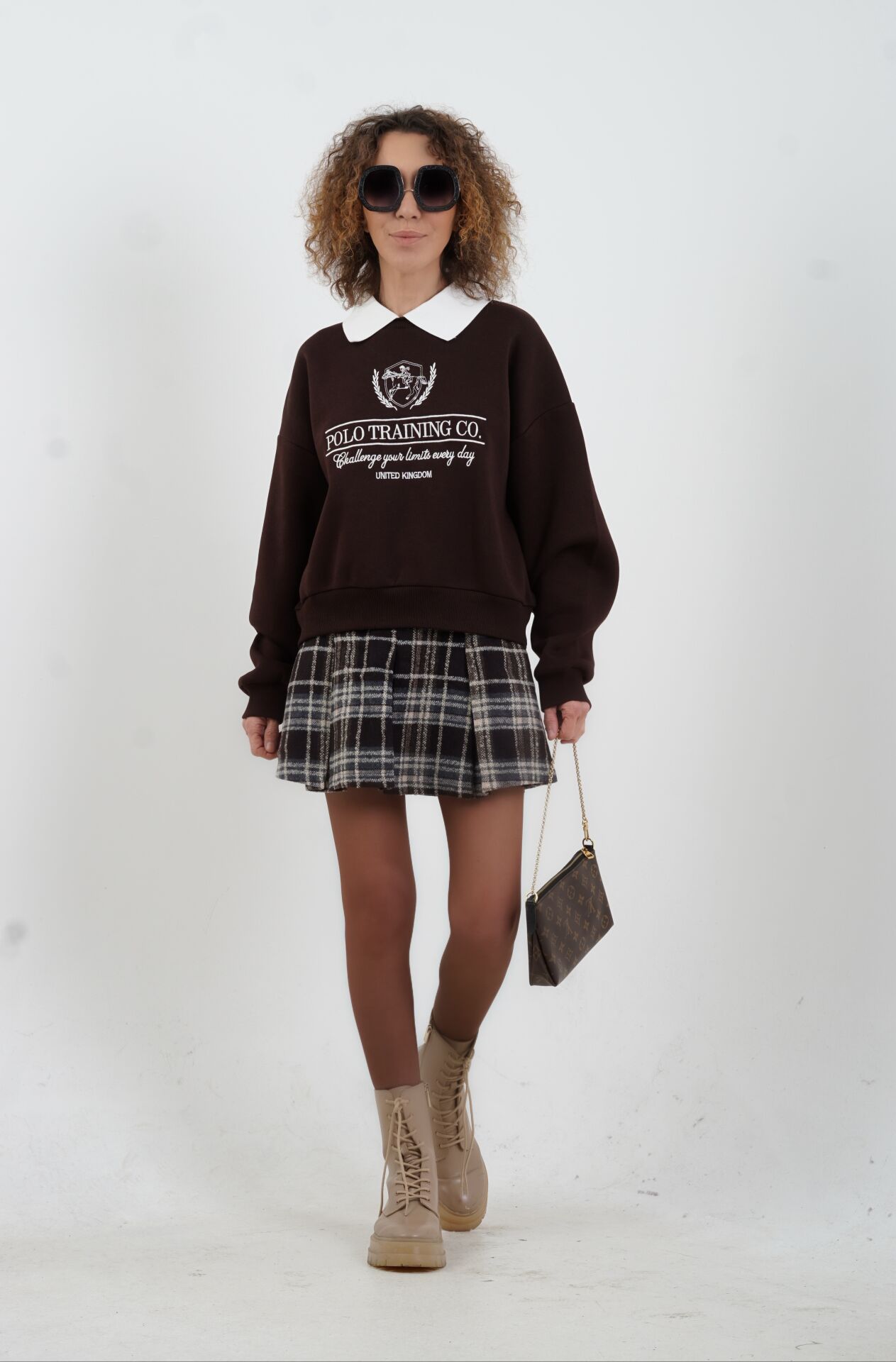 Kahve Deri Garnili Pileli Ekoseli Mini Etek