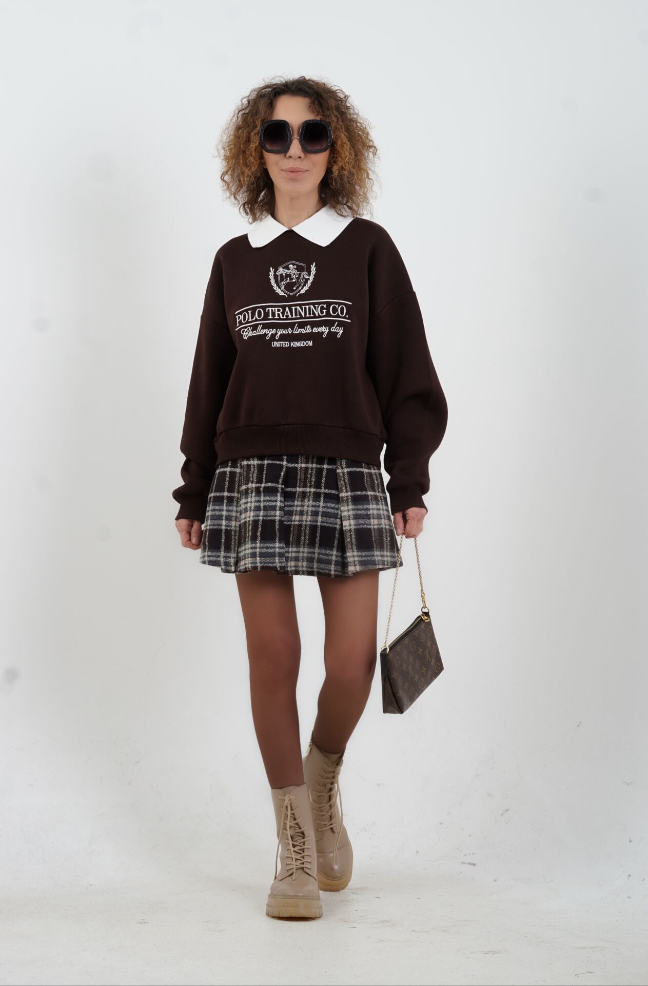 Kahve Deri Garnili Pileli Ekoseli Mini Etek