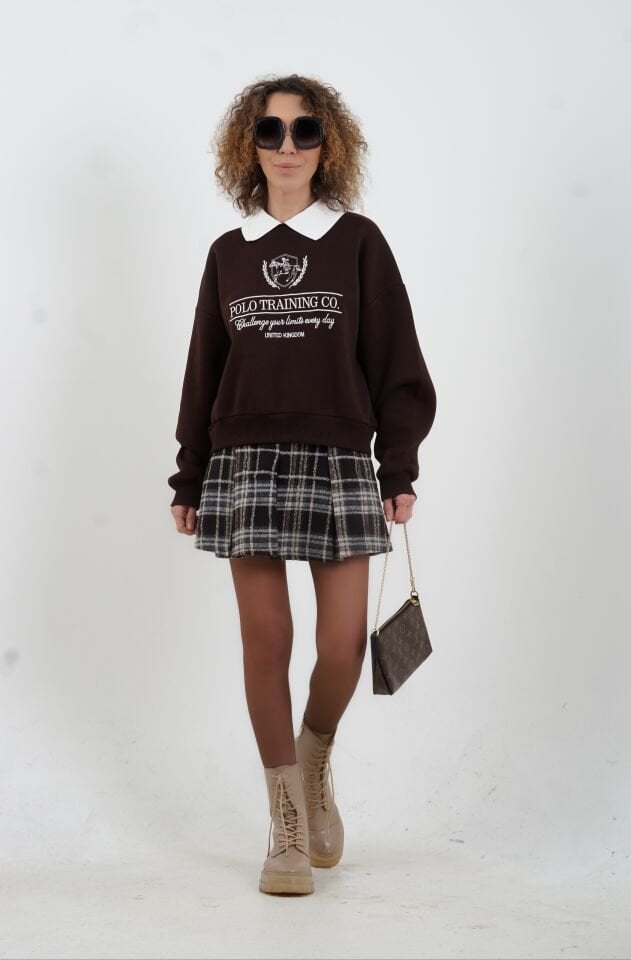 Kahve Deri Garnili Pileli Ekoseli Mini Etek