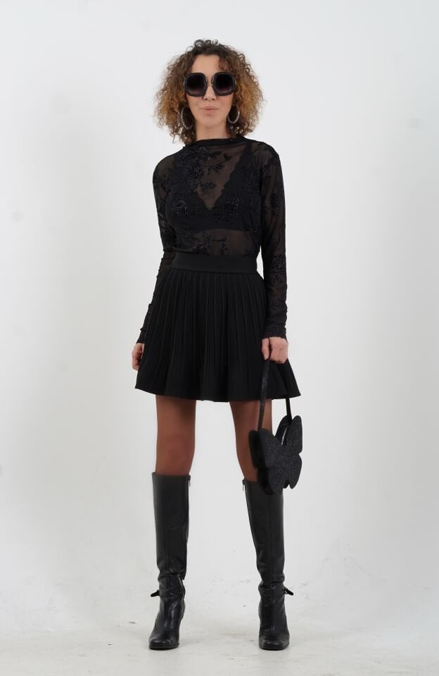 Siyah Floral Desenli Işıltılı Tül Bluz