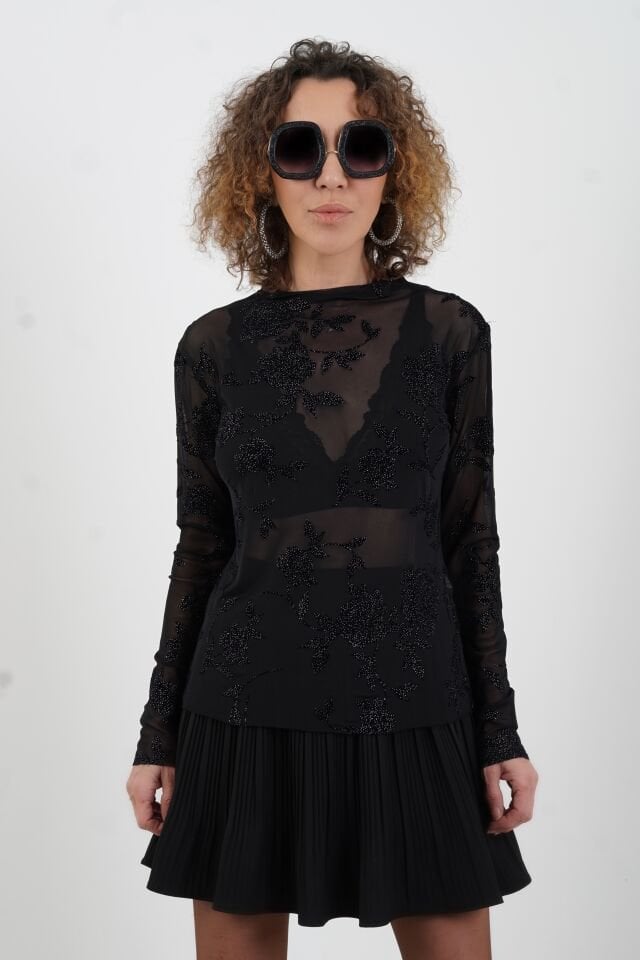 Siyah Floral Desenli Işıltılı Tül Bluz
