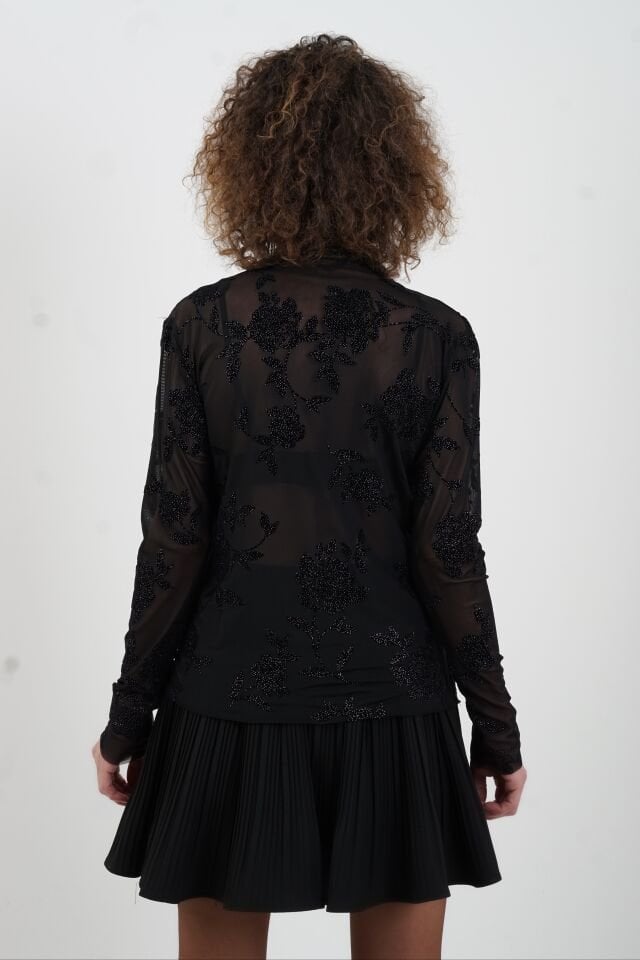 Siyah Floral Desenli Işıltılı Tül Bluz