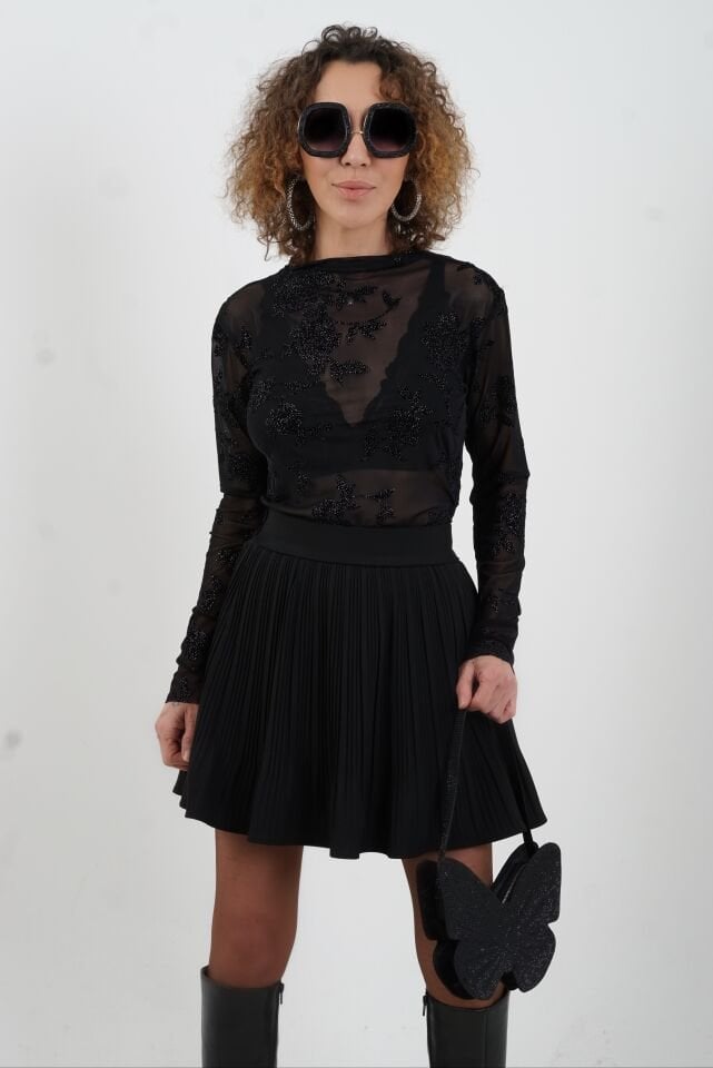 Siyah Floral Desenli Işıltılı Tül Bluz