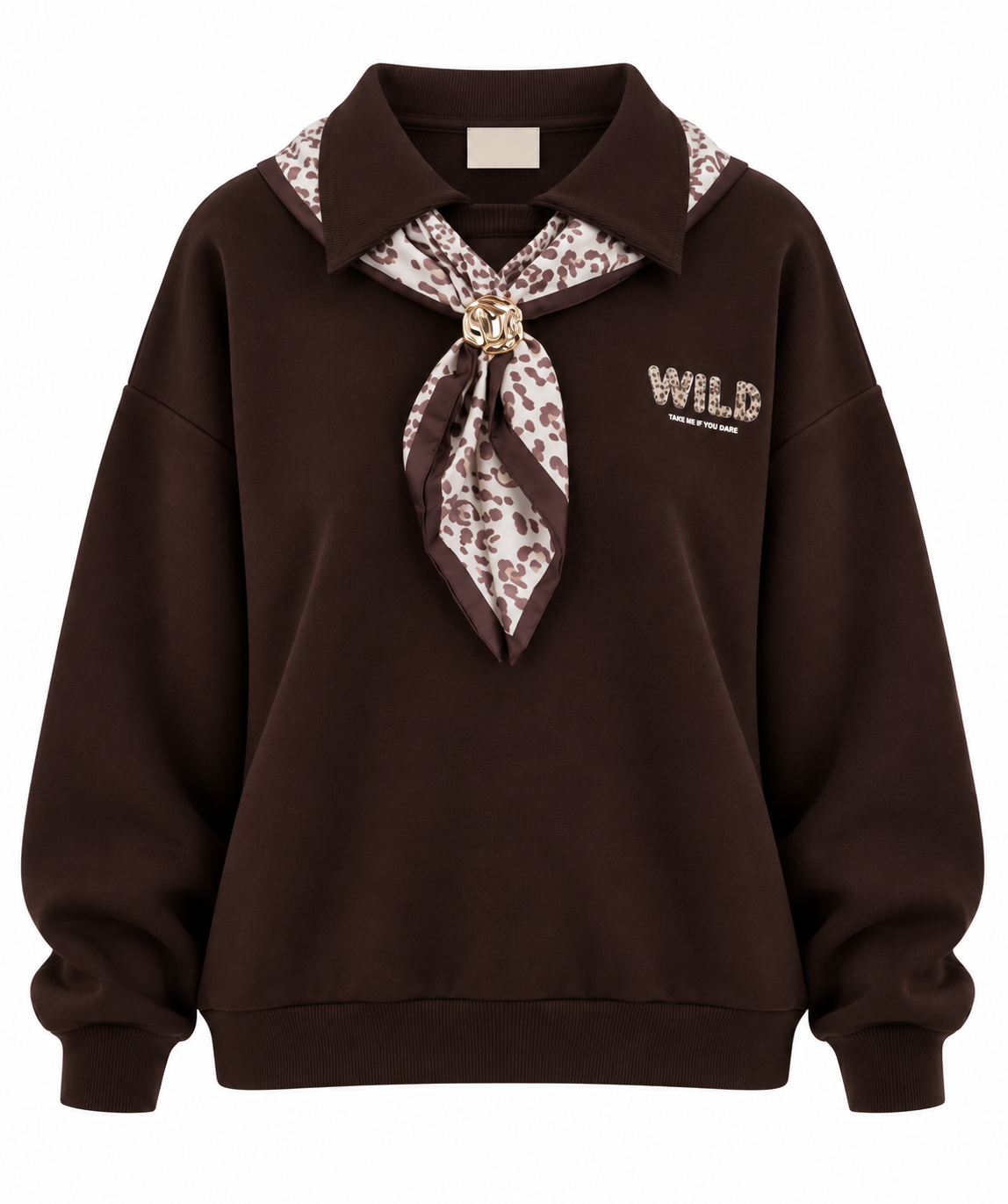 Kahve Fularlı Baskılı Polo Yaka Sweatshirt