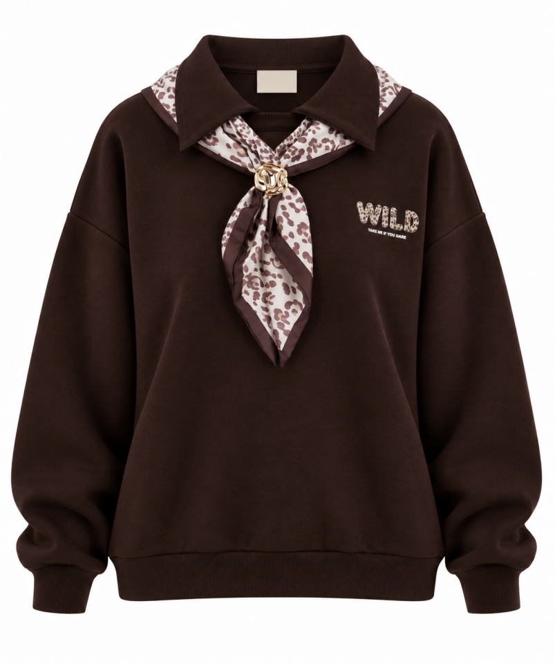 Kahve Fularlı Baskılı Polo Yaka Sweatshirt