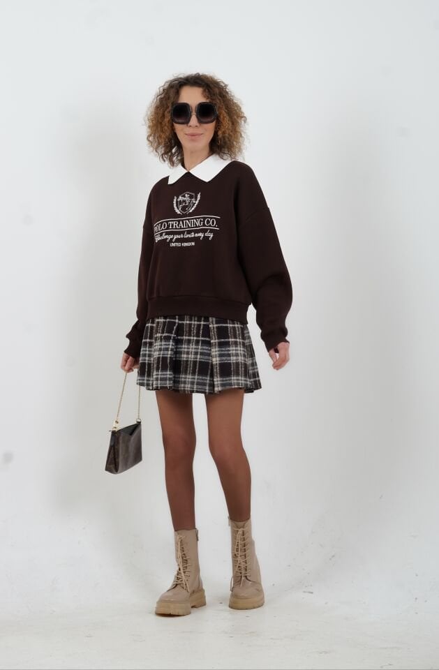 Kahve Nakışlı Polo Yaka Sweatshirt