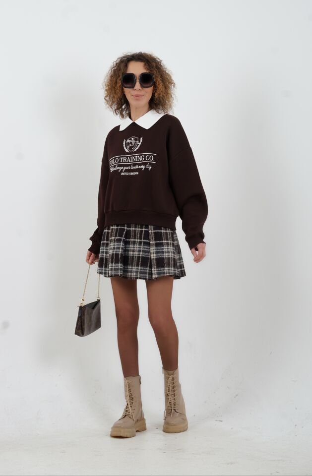 Kahve Nakışlı Polo Yaka Sweatshirt