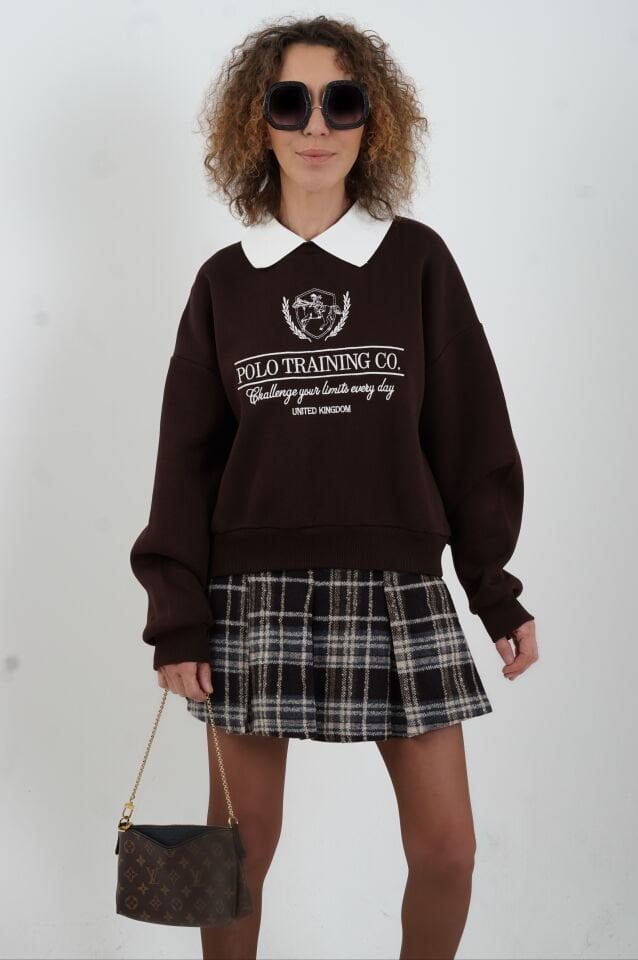 Kahve Nakışlı Polo Yaka Sweatshirt
