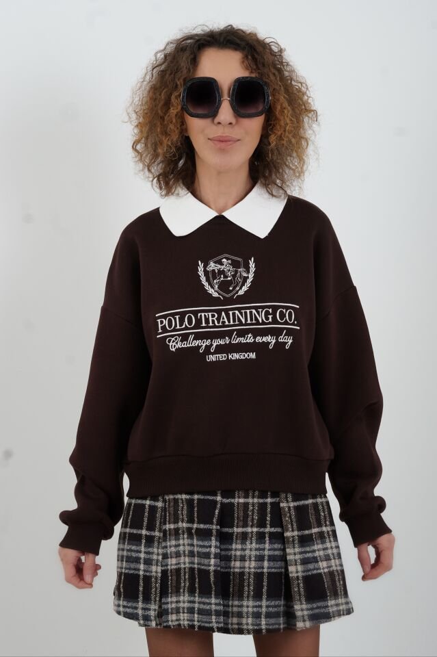 Kahve Nakışlı Polo Yaka Sweatshirt