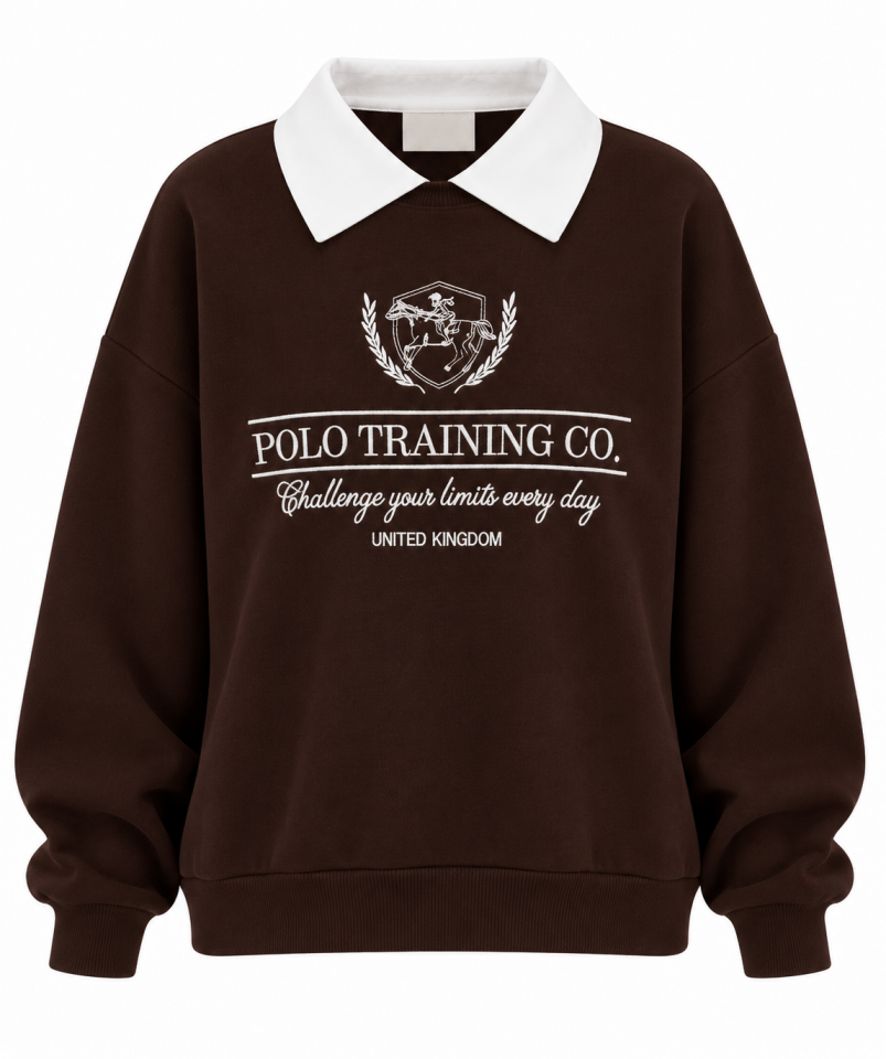 Kahve Nakışlı Polo Yaka Sweatshirt