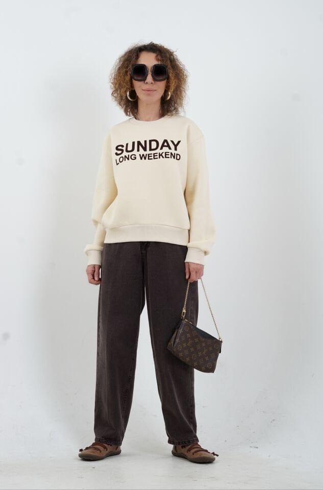 Bej Sunday Baskılı Bisiklet Yaka Sweatshirt