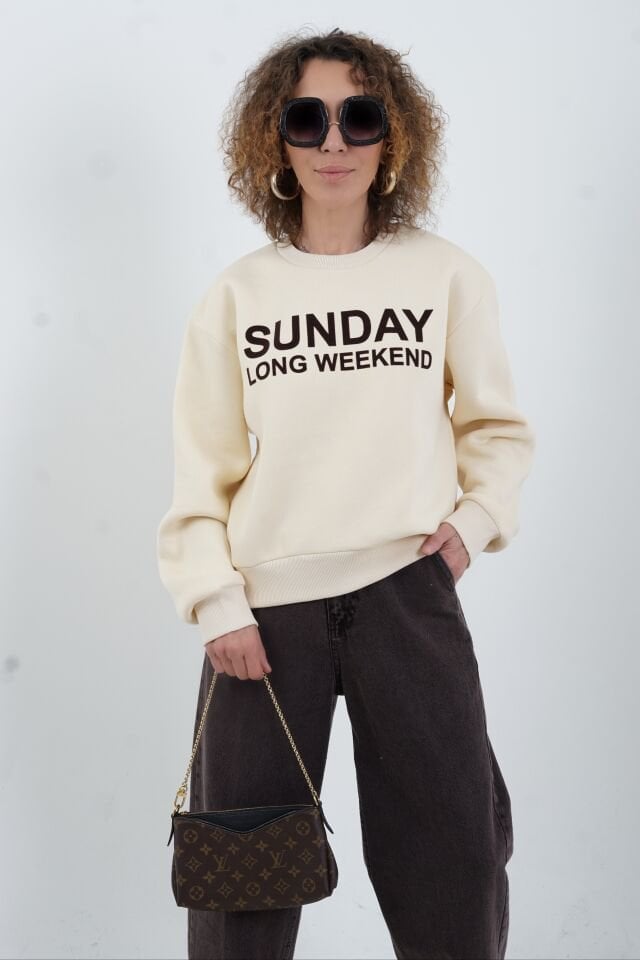Bej Sunday Baskılı Bisiklet Yaka Sweatshirt