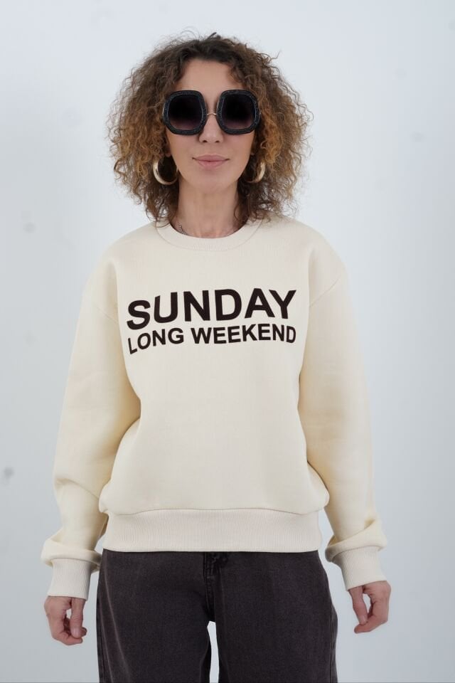 Bej Sunday Baskılı Bisiklet Yaka Sweatshirt