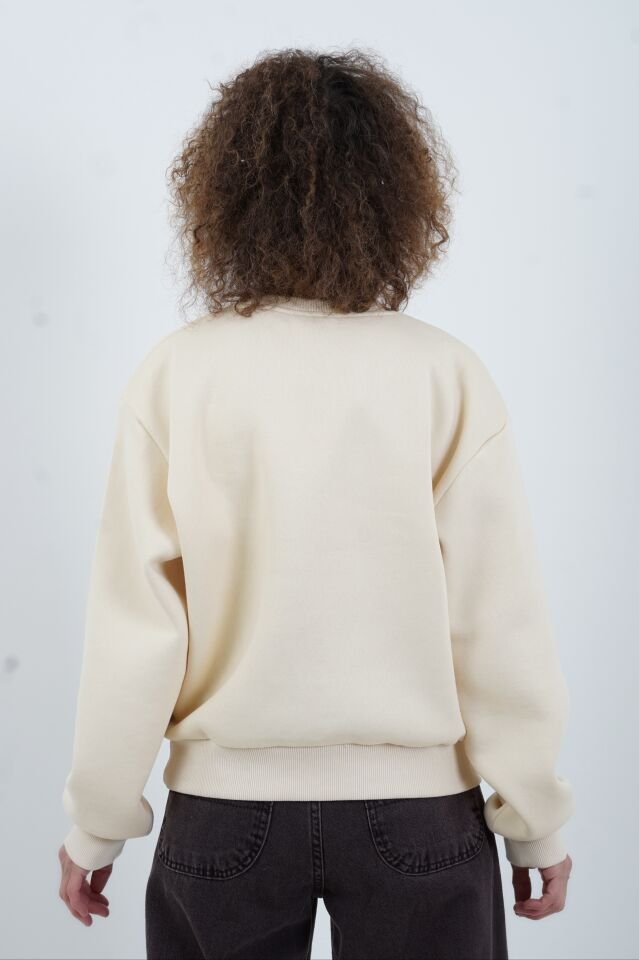 Bej Sunday Baskılı Bisiklet Yaka Sweatshirt