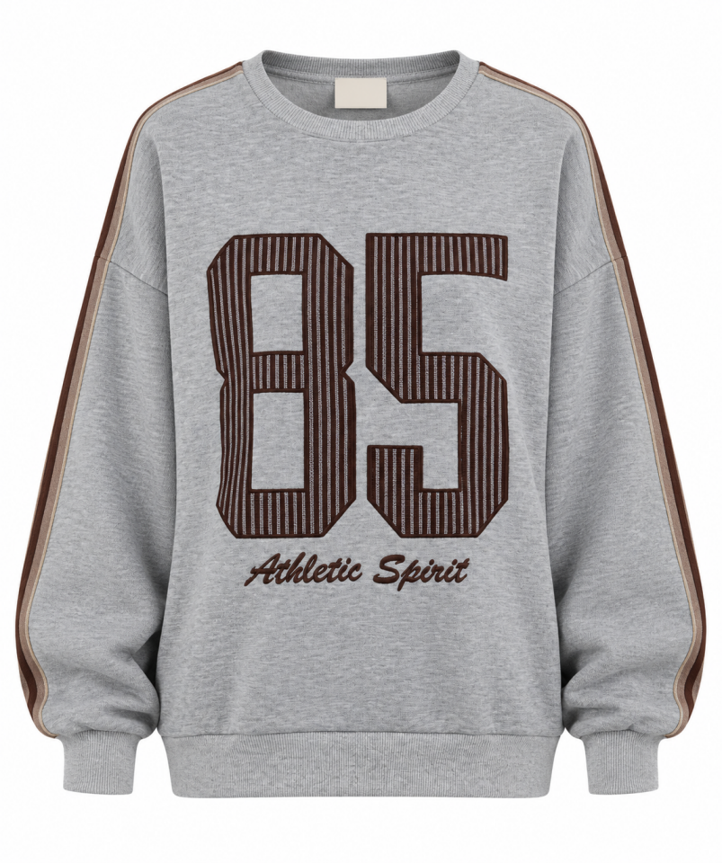 Gri Melanj Aplike Nakışlı Oversize Sweatshirt