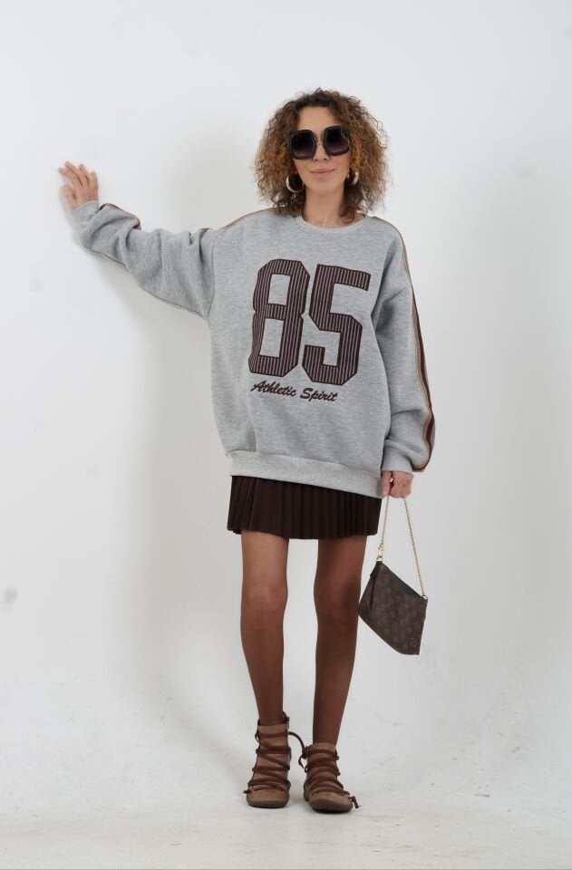 Gri Melanj Aplike Nakışlı Oversize Sweatshirt