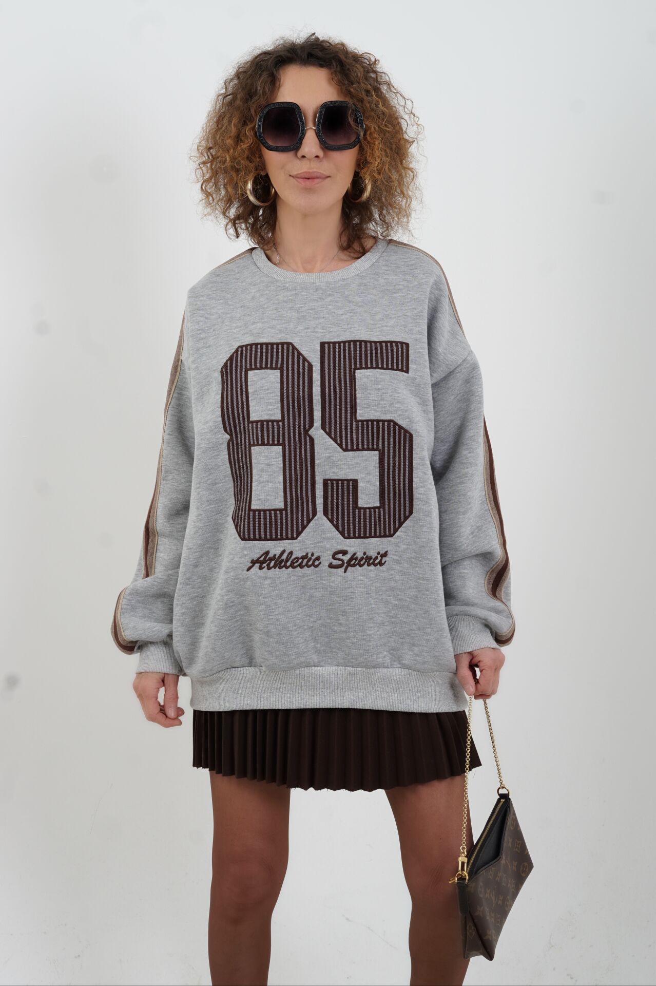 Gri Melanj Aplike Nakışlı Oversize Sweatshirt