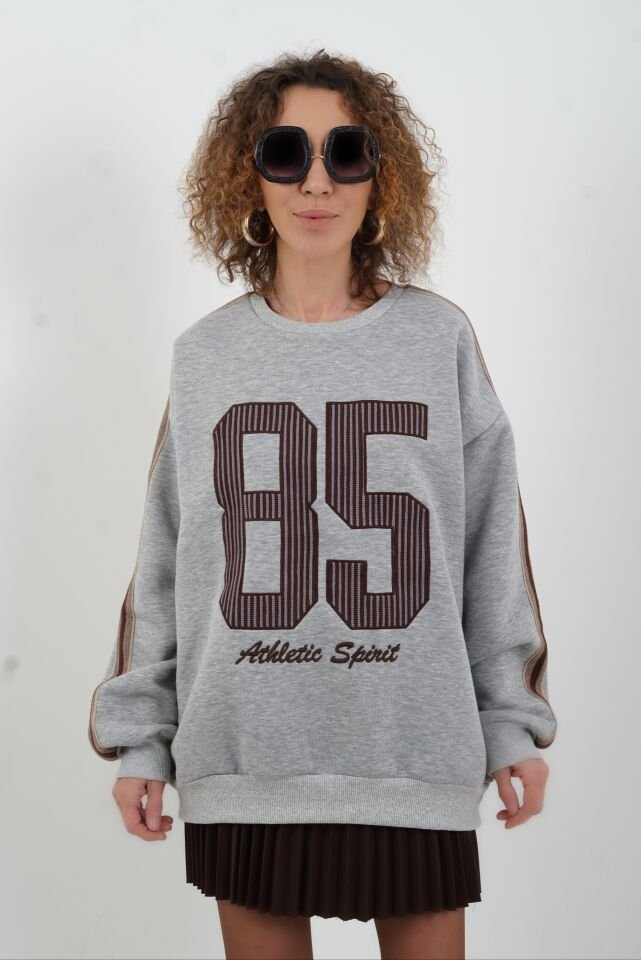 Gri Melanj Aplike Nakışlı Oversize Sweatshirt