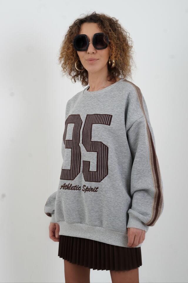 Gri Melanj Aplike Nakışlı Oversize Sweatshirt