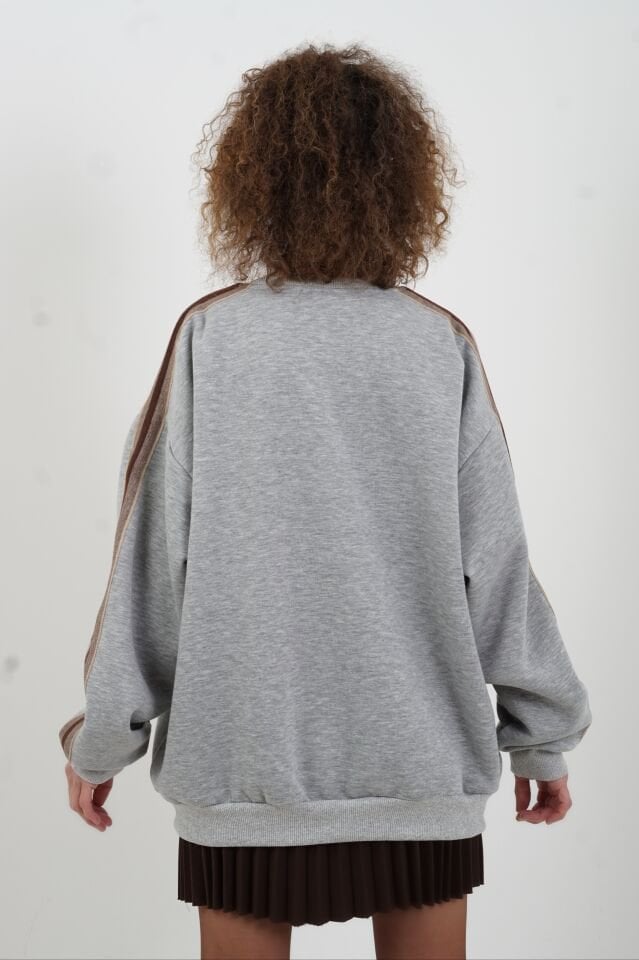 Gri Melanj Aplike Nakışlı Oversize Sweatshirt