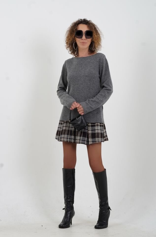 Füme Melanj %100  Kaşmir Kayık Yaka Kazak