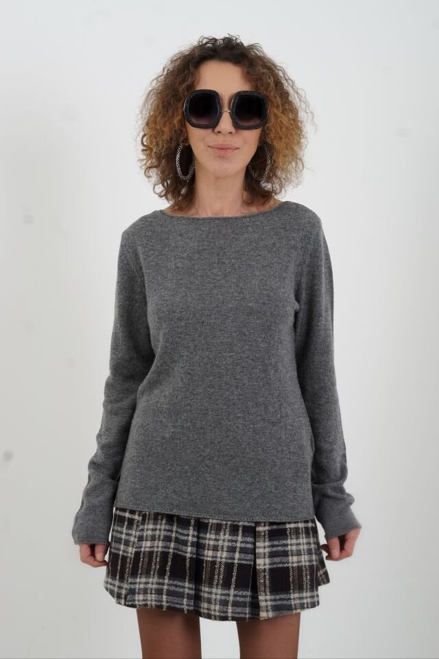 Füme Melanj %100  Kaşmir Kayık Yaka Kazak