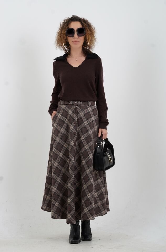 Kahve Vizon Önü Düğmeli Ekose Etek