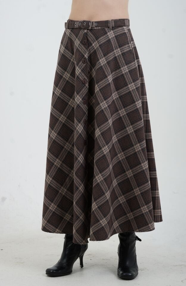 Kahve Vizon Önü Düğmeli Ekose Etek