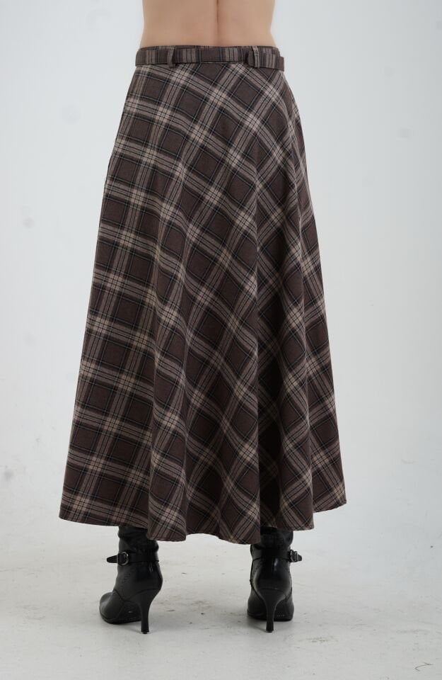 Kahve Vizon Önü Düğmeli Ekose Etek