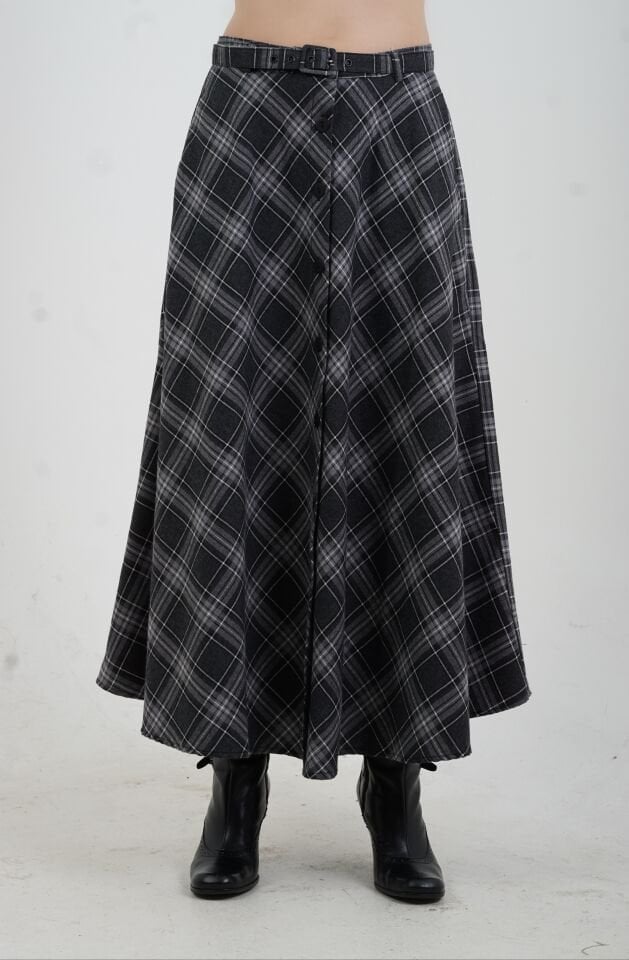 Füme Gri Önü Düğmeli Ekose Etek