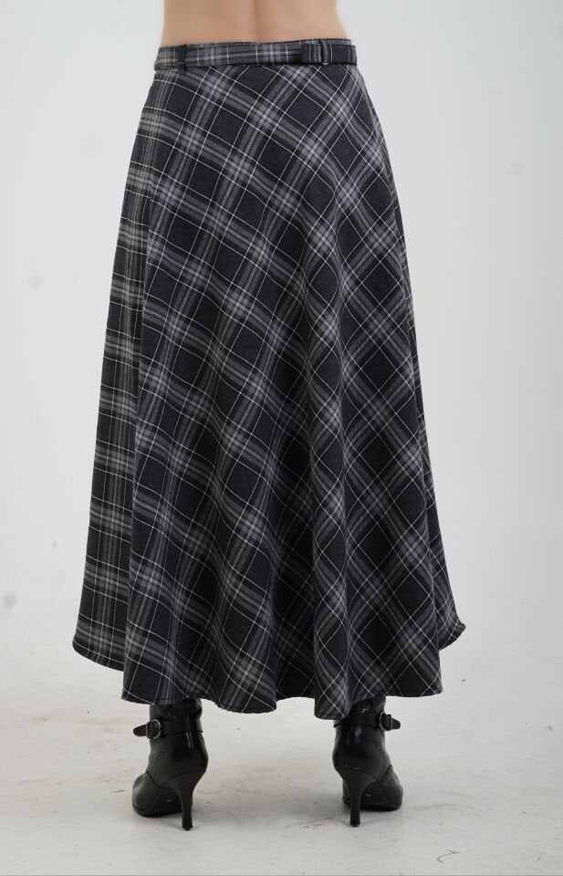 Füme Gri Önü Düğmeli Ekose Etek