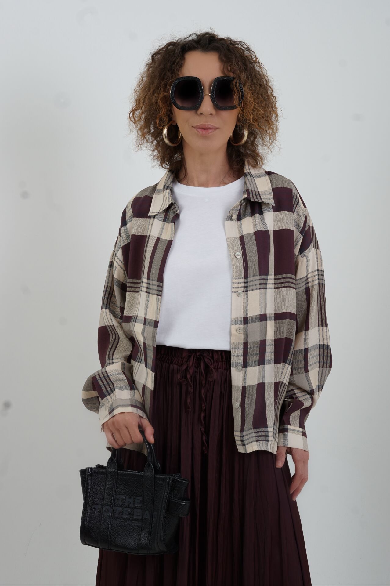 Bordo Oversize Ekose Gömlek