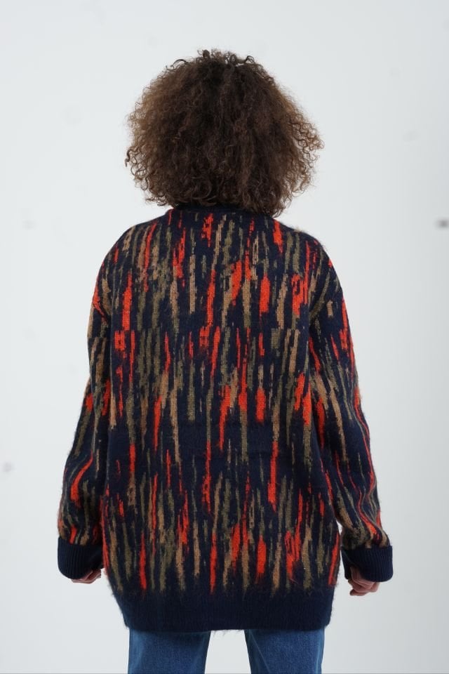 Lacivert Balıkçı Yaka Desenli Oversize Kazak