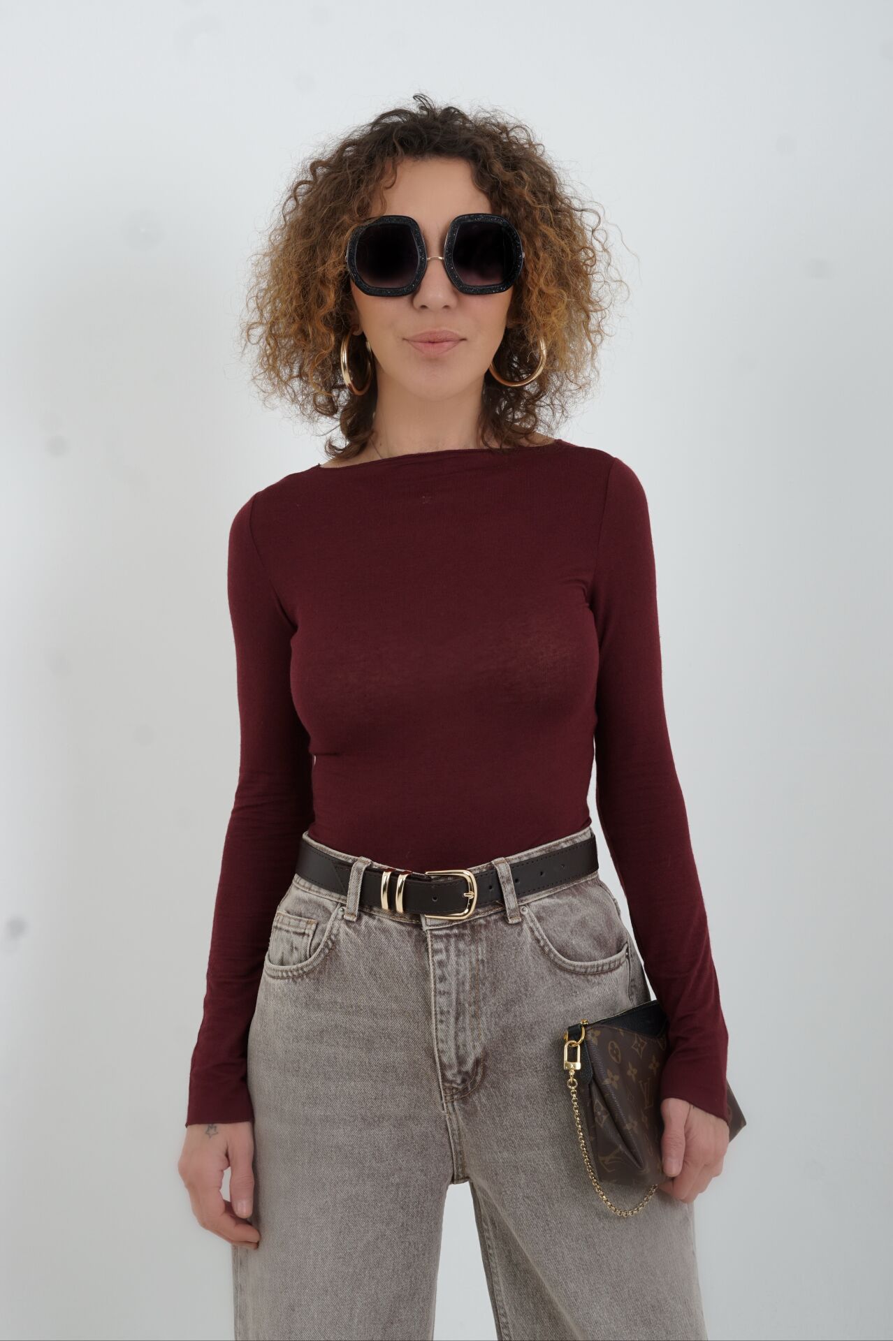 Bordo Kayık Yaka Modal Kaşmir Bluz