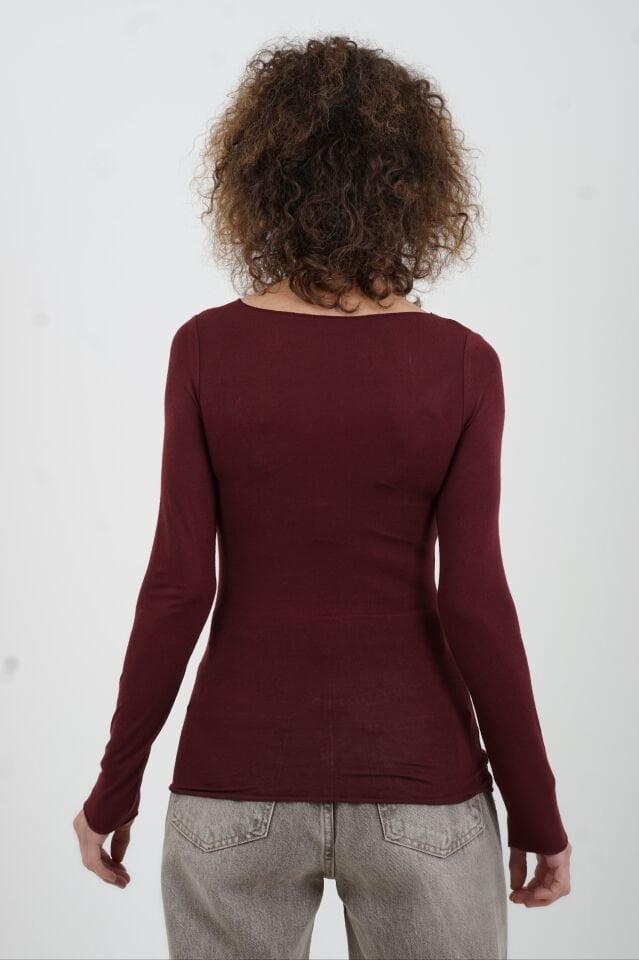 Bordo Kayık Yaka Modal Kaşmir Bluz