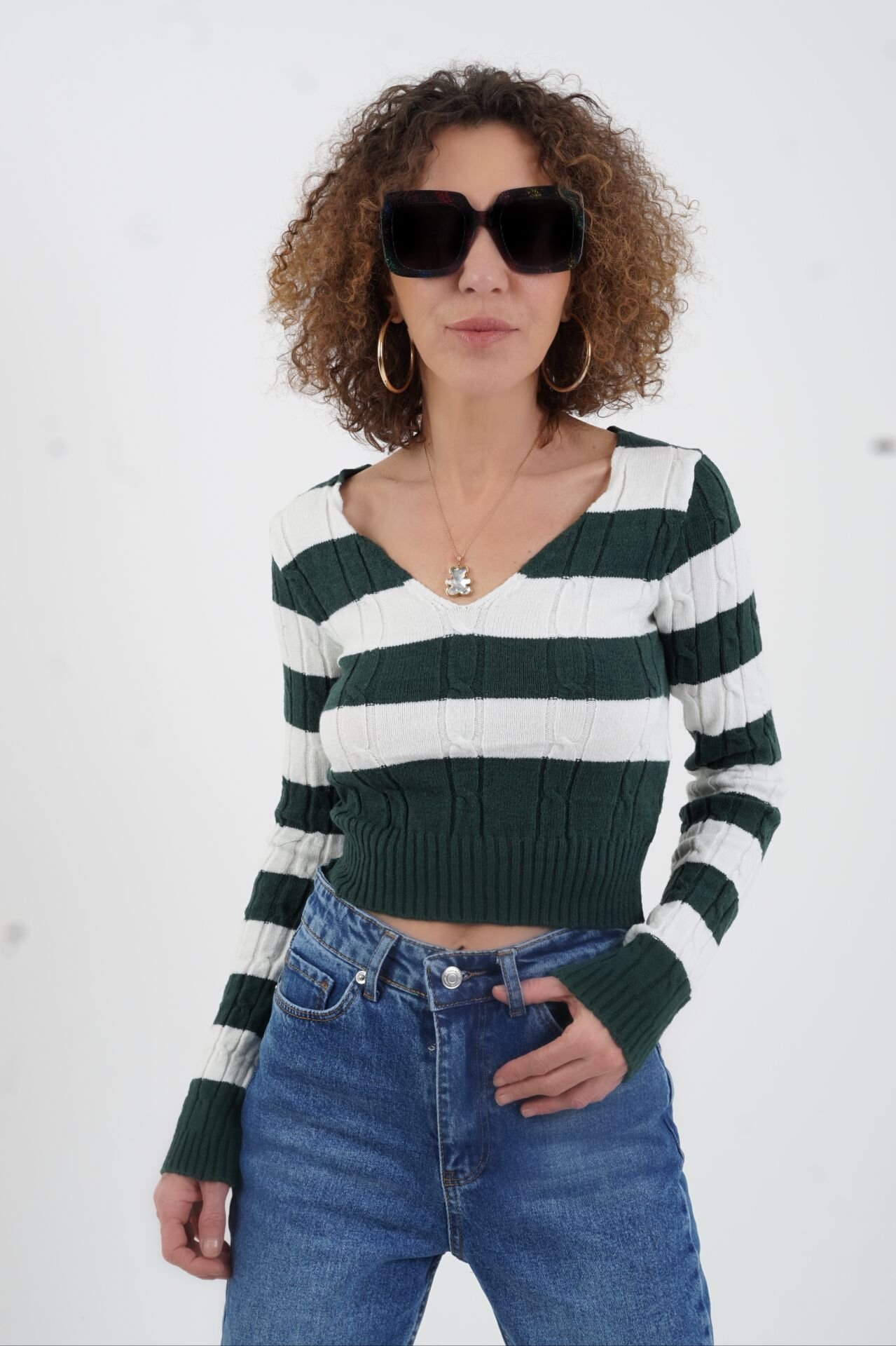 Zümrüt Yeşil Çizgili V Yaka Crop Kazak
