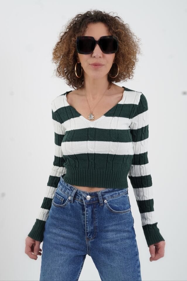 Zümrüt Yeşil Çizgili V Yaka Crop Kazak