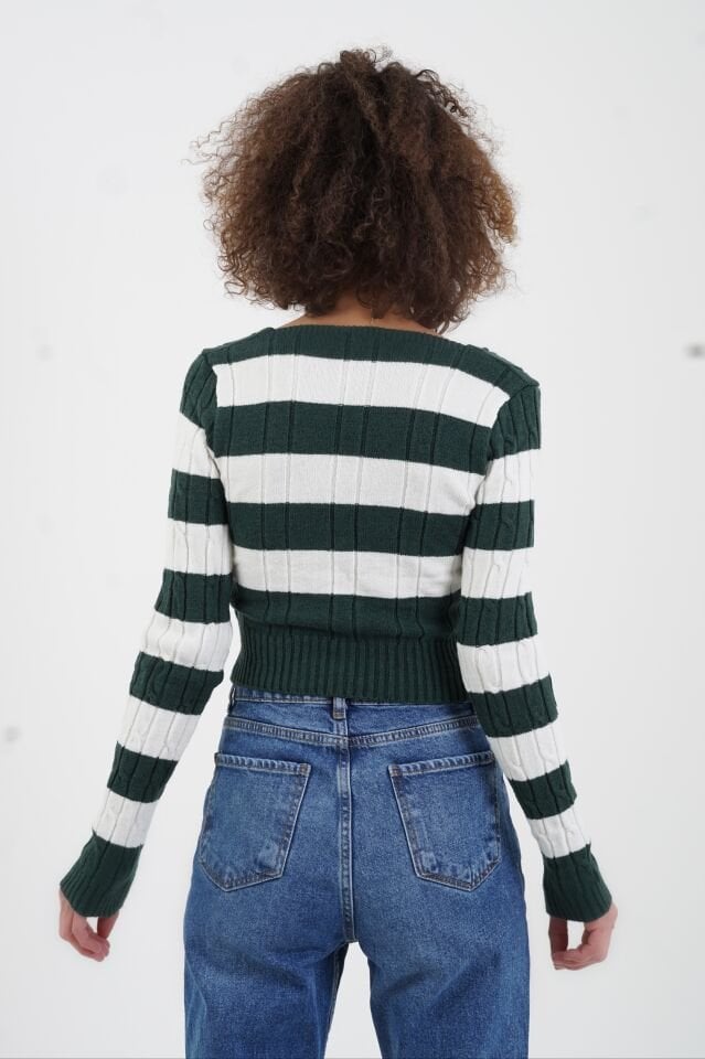 Zümrüt Yeşil Çizgili V Yaka Crop Kazak